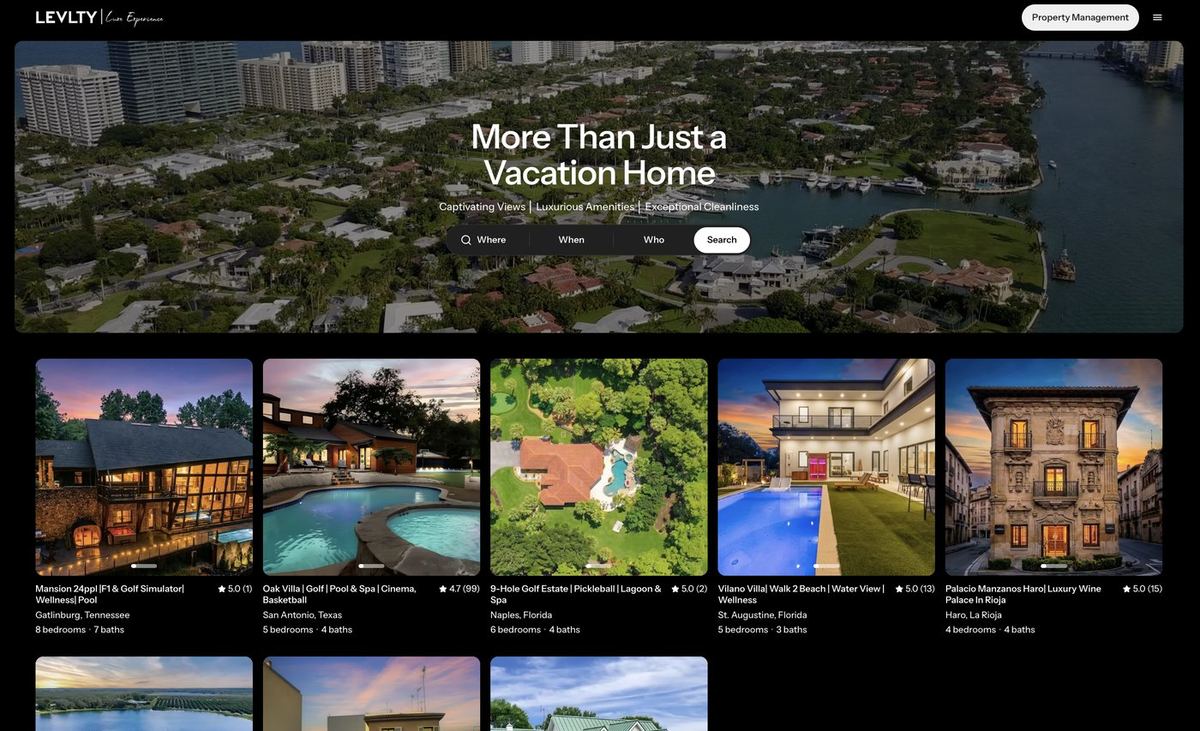Captura de pantalla del sitio web de LEVLTY, alquiler vacacional de turismo de lujo